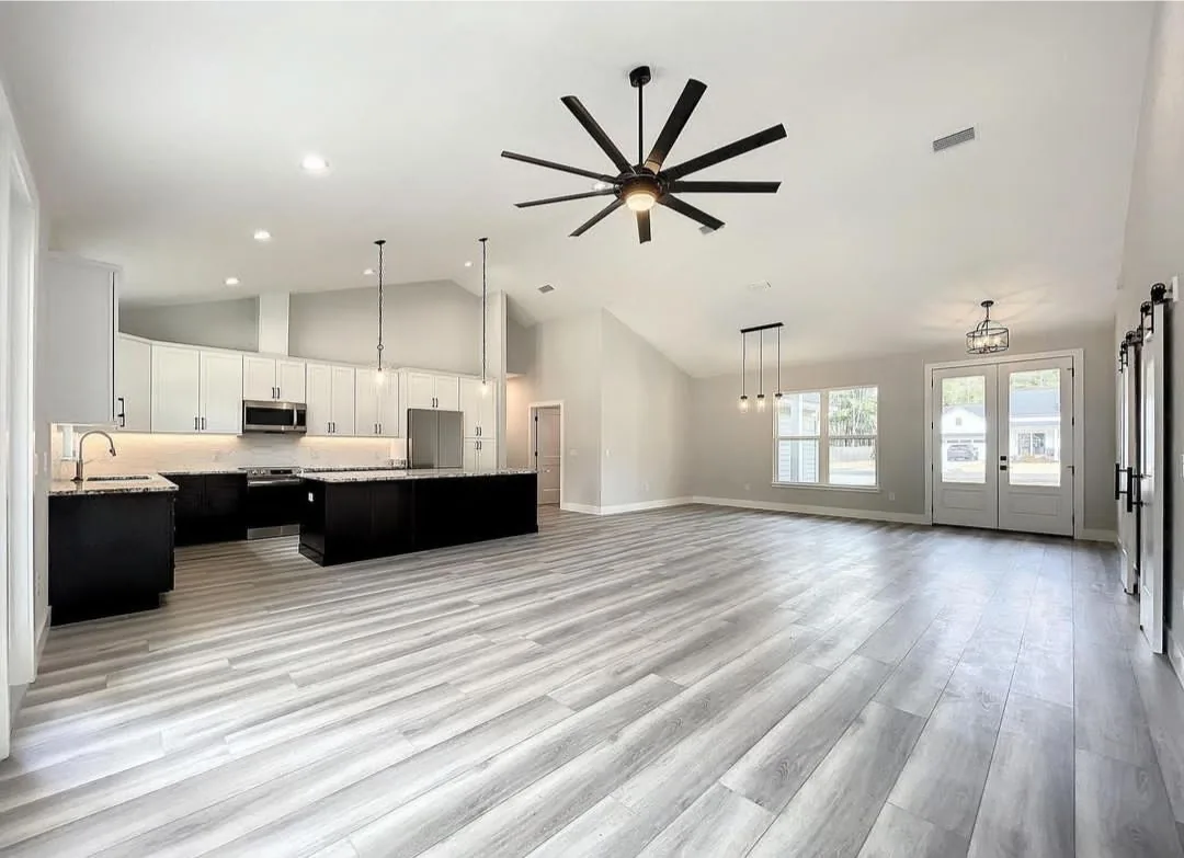 Modern ceiling fan over an open living area